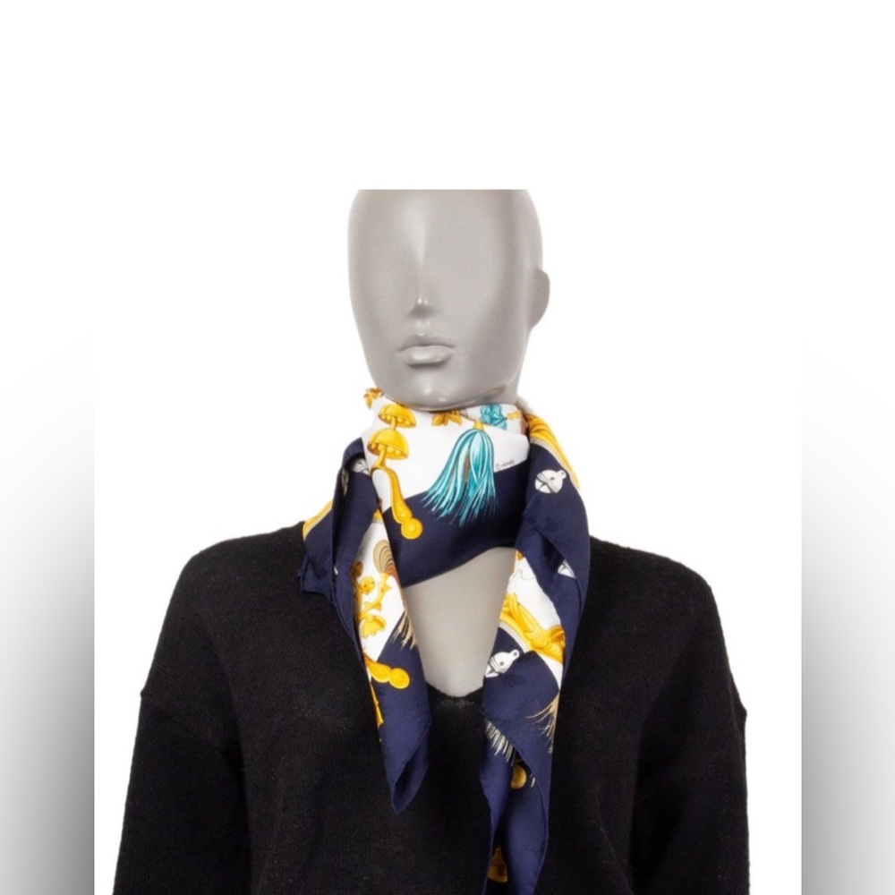 🔥HERMES Carre 90 Scarf "Plumes et Grelots" Silk Navy